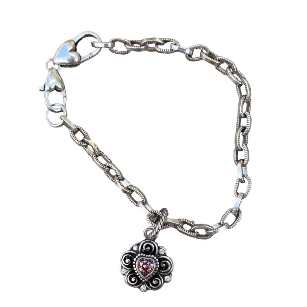 Brighton Silver Tone Heart Charm Flower‎ Bracelet Pink Gemstone Crystal Accents